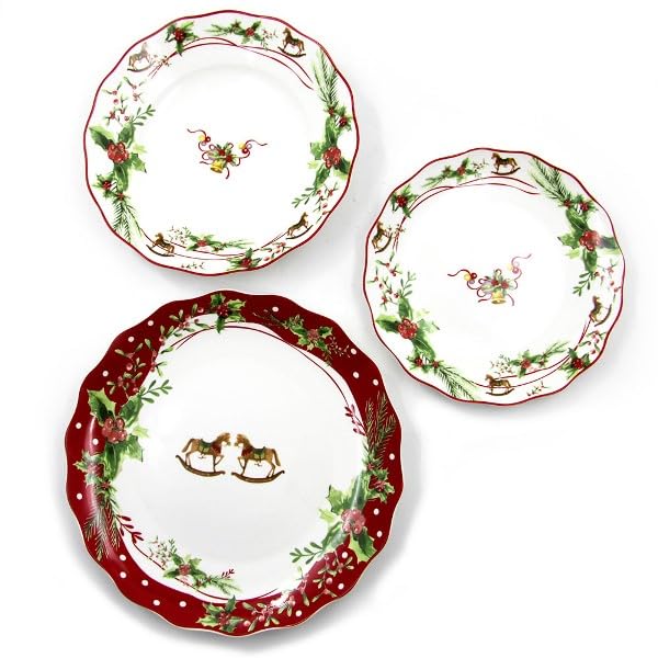 Royal Family Servicio de Vajilla de Navidad con Decoro de Campanas y Caballitos de Doma para 6 Puestos de Mesa (18 Piezas) en Porcelana Brillante y Resistente - Apto para Lavavajillas y Horno