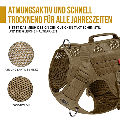 OneTigris Hundegeschirr Mittelgroße Hunde, AIRE MESH Taktisches Anti Zug Geschirr mit 2 Griff Verstellbar Brustgeschirr No Pull Dog Harness Atmungsaktiv Braun M