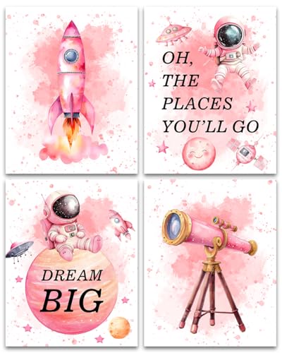 Image of ZHAXFA Pink Outer Space Decor for Kids Room Girls Bedroom Watercolour Star Rocket Astronaut Posters Set Of 4 (8 x10 IN Unframed),Cute Inspirational Art Decor for Boys and Girls Playroom Nursery