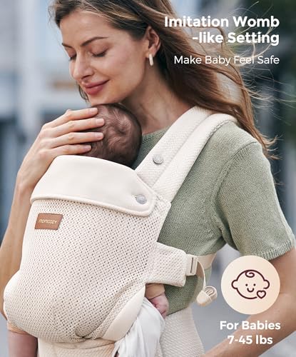 Image of Momcozy Baby Carrier - Ergonomic, Cozy and Lightweight Carrier for 7-45lbs, Effortless to Put On, Ideal for Hands-Free Parenting, Enhanced Lumbar Support, Air Mesh-Almond