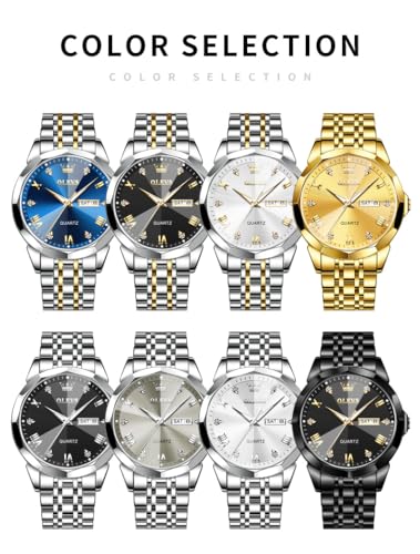 Image of OLEVS Watch for Men Diamond Business Dress Analog Quartz Stainless Steel Waterproof Luminous Date Two Tone Luxury Casual Wrist Watch Blue