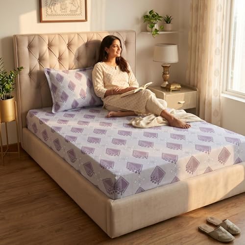 Image of Mafatlal 186 TC Grace Cotton Bedsheet for Single Bed | 90 x 60 Inch | Soft, Breathable & Durable Pure Cotton Fabric | Includes Pillow Cover | Violet Purple