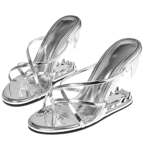 Image of Goiphrri Wedge Sandals for Women Strappy Heels Round Open Toe Heels Metallic Shark Tiger Teeth heeled Sandals Flip Flops Thong Womens Mules Slip on Party Dress Wedding Ceremony