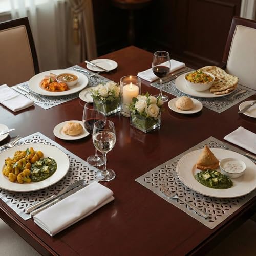 Image of Heart Home Leather Rectangular Table Mats Set of 6 | Washable Placemat /Dining Table Mat for Party, Wedding and Family Functions | Silver