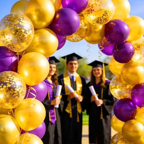 Image of Purple Gold Balloon Garland Arch Kit, 121 PCS Purple and Gold Balloons Purple Balloons for Birthday Graduation Wedding Anniversary Purple Gold Party Decorations