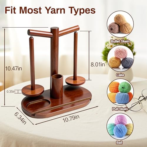 Lemosyu Wooden Yarn Holder for Crocheting and Knitting, Magnetic Rotating Yarn Spinner with 2 Spindles, Crochet Accessories Storage & Phone Stand, Perfect Gift for Knitters, Women, Mom, Grandma