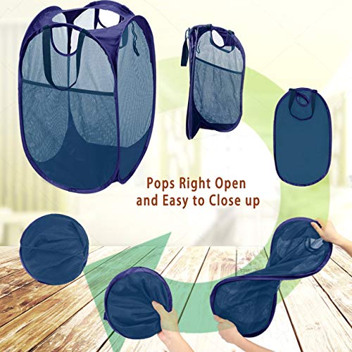 Image of HOUSE AGAIN 2Pack Strong Mesh Pop Up Laundry Hamper, 70L Collapsible Laundry Basket with Steel Frame, Double‑Stitched Handles & Side Pocket, Foldable Dirty Clothes Hamper for Dorm, Bedroom, Blue