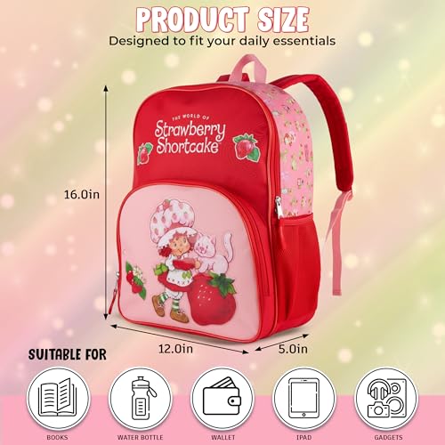 Image of AI ACCESSORY INNOVATIONS Strawberry Shortcake Backpack for Girls Bookbag featuring Strawberry Shortcake & Custard, 15 Inch School Bag, Pink