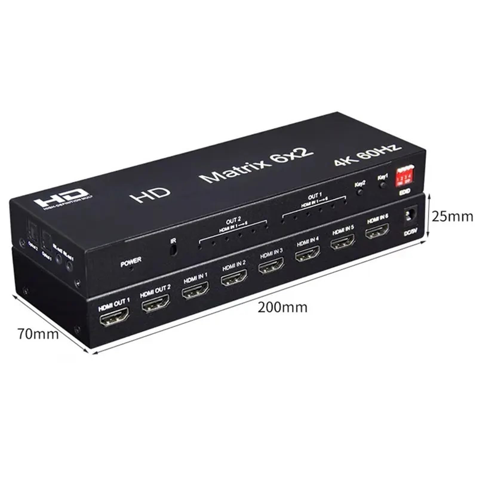 Switch Matrix HD 4K 6x2 60Hz Splitter 6 in 2 out con estrattore Ottico R/L Video for convertitore Compatibile HDMI con Ampia compatibilità, Facile da configurare