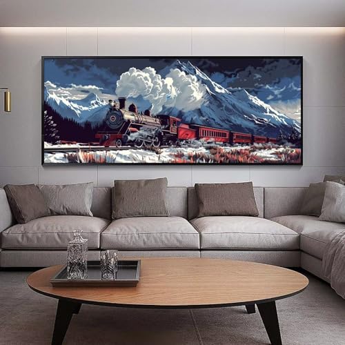 Broderie Diamant Montagnes Enneigées | Grand Format 150x60 cm Peinture Train DIY Art
