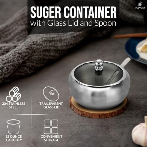 Sugar Bowl with Lid and Spoon | 12oz Sugar Container for Coffee Bar | Stainless Steel Holder Jar for Salt, Tea, Candy, Sugar Cube, Brown Sugar, Ghee