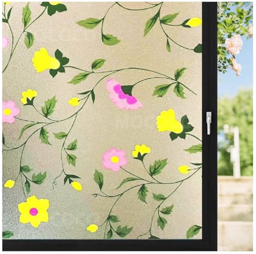 Image of MOCOCO Premium Vinyl Privacy Stained Window Glass Sticker (12x25 Inch) - Self-Adhesive Decorative Film Opaque Sheet Tint Wallpaper for Glass Cover Window, Door, Office.| Anti-UV. Pink Yellow Flowers