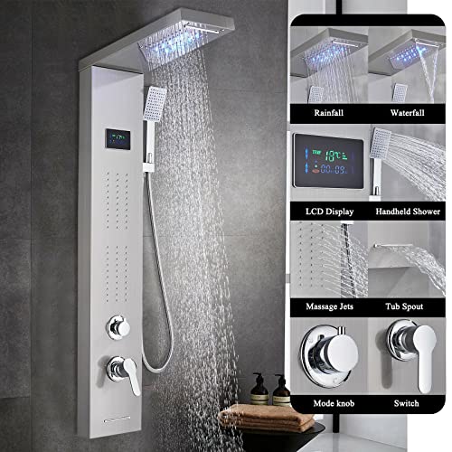 Columna de Ducha de Acero Inoxidable con Panel LED, Sistema Antilluvia y Masaje, Acabado Mate, para Montaje en Pared miniatura 2