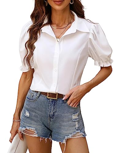 Vrtige Women's Button Down Collar V Neck Ruffle Puff Short Sleeve Blouse Shirt Top