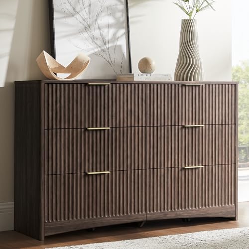 Image of Amada Modern 6 Drawer Dresser, Fluted Wood Chest of Drawers with Rounded Corners, Pre-Installed Drawer Slides, Dresser TV Stand and Storage Organizer for Bedroom, Hallway, Walnut