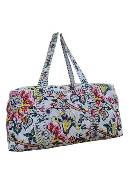 Indian Handmade Block Print Quilted Bag, Decorative Floral Print Weekender Bags, Beautiful Colorful Travel Overnight Bags, Women Cotton Quilted Shopping Duffle Bags