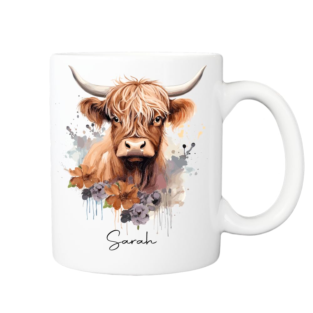 Personalised Highland Cow Coffee Mug - Cute Highland Cow Gifts Friend, Gift For Cow Lovers, Farm Animal Mug, Mothers Day Gifts, Funny Cow Gifts, Name Mug, Birthday Gifts (Highland Cow Design 1)