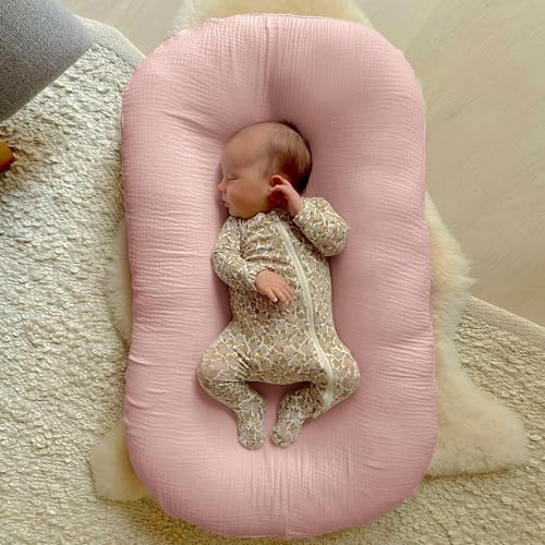 Image of guruixu 2 Pack Muslin Baby Lounger Cover, 100% Cotton Infant Lounger Cover for Baby Boys and Girls (Dusty Pink,Cream)