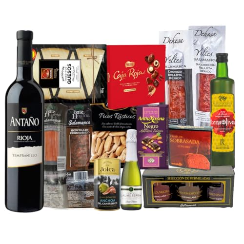 FAMILYCOM. Cesta San Valentin para regalar. Lote Gourmet con Ibéricos de regalo. Empresa y Particular. Surtido de Bombones, chocolate, Vino, Embutidos, Aceite De Oliva Virgen. Regalo para parejas