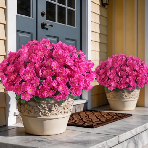 8 Bundles Artificial Flowers For Front Door, Fake Silk Azalea Bouquet Silk Flowers For Outside Uv Resistant Realistic Faux Plants For Planter Farmhouse Patio Garden Walkways Home Decor (Rose Red)