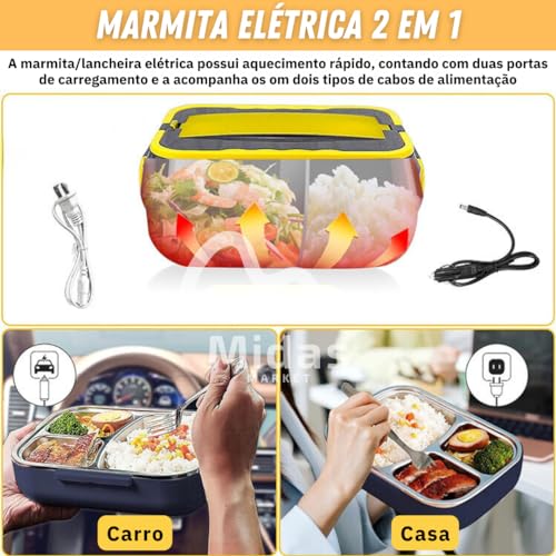 Marmita Elétrica Portátil Veicular de Aço Inoxidável Para Carro Uber Casa Lancheira Térmica 12V 110V