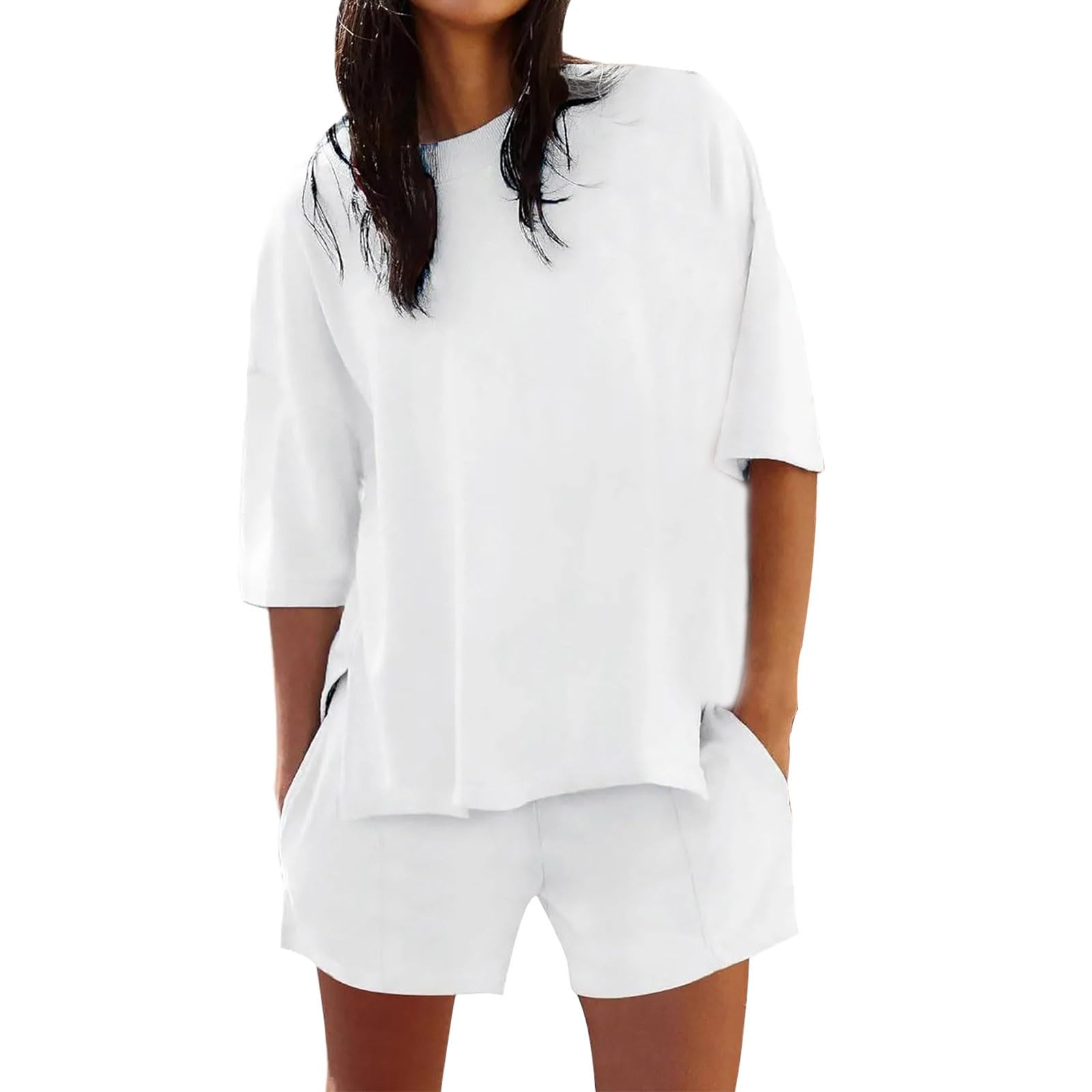 Conjunto casual de 2 piezas de camiseta de manga corta y pantalones cortos de cintura elástica para mujer