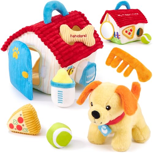 hahaland Jouet Bebe 6-12 Mois – Jouets Sensoriels en Peluche Chien Ensemble – Montessori Chien Jouet Enfant avec Hochet, Froissement, Miroir et Trieur de Formes – Cadeau pour Jeux Eveil Bebe 1 2 3