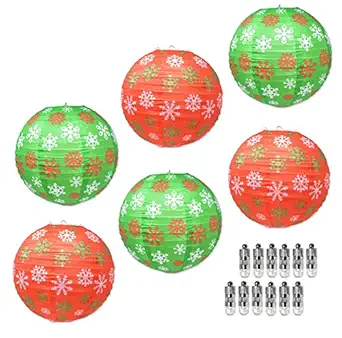 Mudra Crafts Christmas Paper Lanterns with Led Lights, Chinese Decorative Round Holiday Party Hanging Ornament Lamp Set, Red Green with Snowflakes