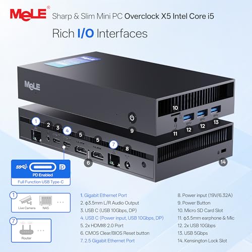 Image of MeLE Mini PC Slim Core i5 1235U (10C /12T, up to 4.4GHz) 16GB DDR4 512GB SSD Overclock X5 Small Desktop Computers with 2X HDMI + 2X USB-C 4K Quad Display, 1G + 2.5G Dual LAN, 2.4GHz /5GHz Wi-Fi BT5.2