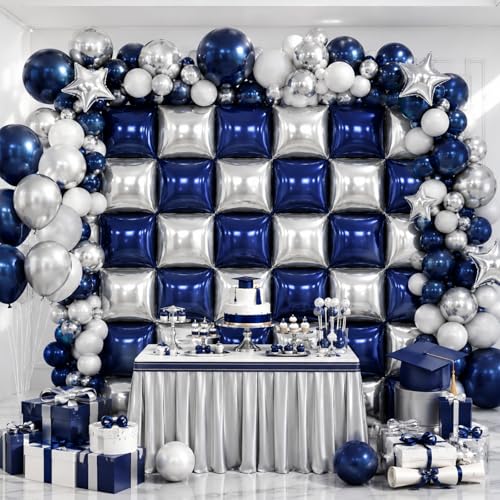 Image of Metallic Navy Blue and Silver Double Sided Square Foil Balloons Wall,19 Inches Chrome Foil Balloons Tunnel Arch Kit for Bachelorette, Anniversary, New Year,2026 Graduation,Birthday Party Decorations