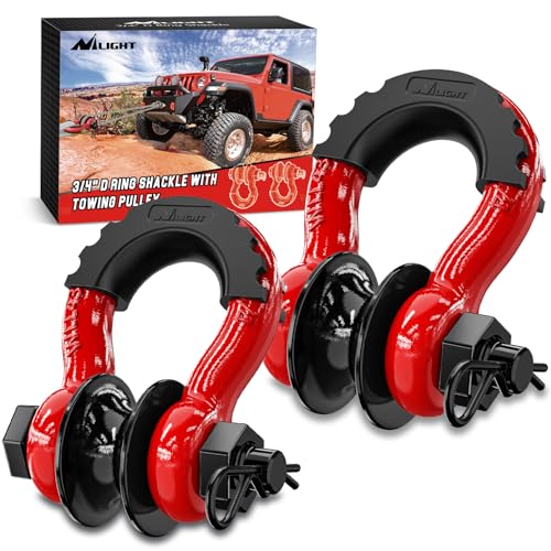 Image of Nilight 3 /4 inch D-Ring Shackle w /Snatch Block (2 Pack) 9,500 lb Working Load, 2-in-1 Heavy‑Duty Towing Pulley w /Isolator for Off‑Road Recovery, Winch Cable & Rope, Truck Jeep ATV UTV Tractor, Red