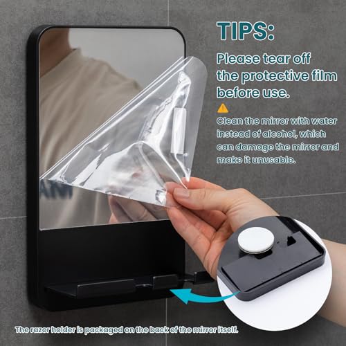 taili shower mirror fogless suction shaving mirror with razor holder fog free with storage tray rust-proof shatterproof removable bathroom amp shower accessories black