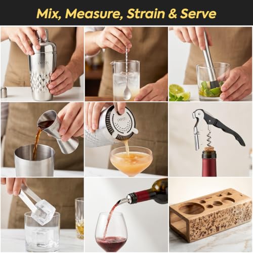 Image of O' Holic by Perch 10-Piece Bartender Kit with Printed Wooden Stand | Cocktail Shaker Gift Set with Jigger, Strainer, Spoon, Muddler & Corkscrew | Home Bar Accessories for Mixing Drinks| Silver
