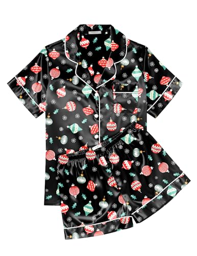 Image of Ekouaer Womens Silk Satin Pajama Sets Soft Short Sleeve Button Down Sleepwear Top and Shorts 2 Piece Pjs Lounge Set