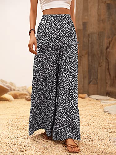 MakeMeChic Women's Floral High Waisted Ruffle Wide Leg Pants Boho Summer Beach Palazzo Pants3