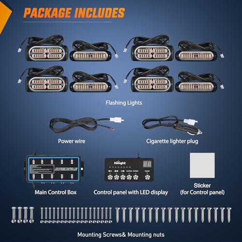 Image of Nilight 8PCS Led Strobe Lights with Controller 12V 24V Sync Feature Amber