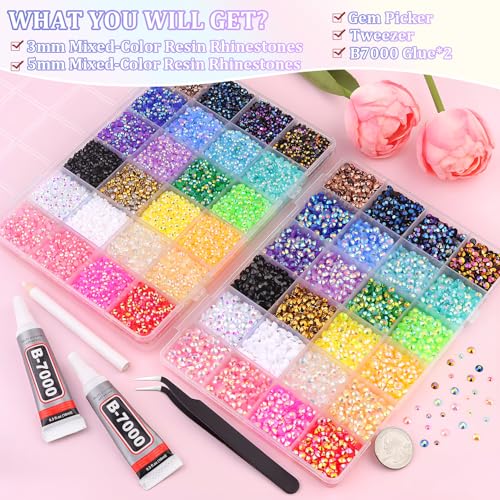 Image of 2 Boxes Jelly Rhinestones for Bedazzling, 30600Pcs 3mm & 5mm Multicolor Flatback Resin Gems for Crafting, Bedazzler Kit with 2Pcs 10ml B7000 Jewelry Glue for DIY Crafts Book Fabric Decor Nail Art