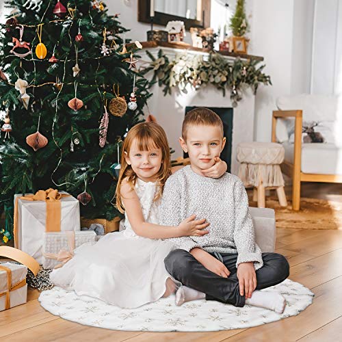 Soqool Christmas Tree Skirt, Sliver Snowflake 48 inches White Faux Fur Mat for Xmas Party Decorations Holiday Festival Supplies - Thumbnail 5