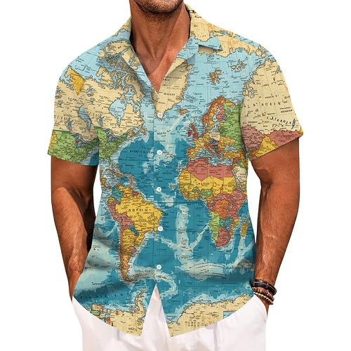 Map Shirt,Men's Tropical Shirt World Map Print | Casual Vacation Beach Top Lapel Clothes for Dating Cruise Travel2