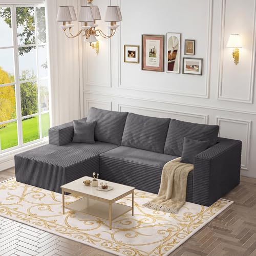 Image of 108 inch Modular Sectional Sofa,L-Shaped Cloud Couch with Deep Seats & Chaise,Convertible Corduroy Boneless Couches for Living Room,Bedroom,No-Assembly,Grey(Left Facing Chaise)