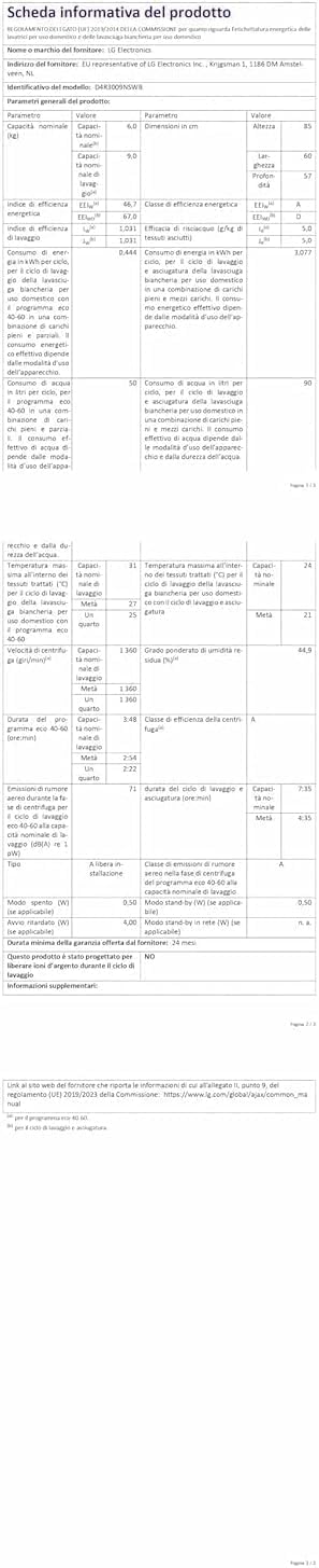 LG AI DD D4R3009NSWB Lavasciuga 9 / 6kg Serie R3 Classe A-10%/D, Lavatrice e Asciugatrice Insieme, 1400 giri, Lavaggio a Vapore, Eco Hybrid, Allergy Care, Motore Inverter Direct Drive, Bianca