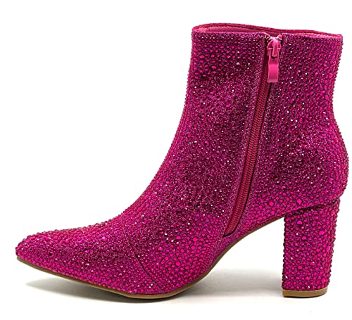 Women Rhinestone Block Chunky Heel Ankle Bootie Iceberg 12 By Forever shoes Fuchsia Size 7