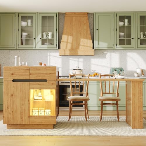 Merax Extendable Bar Table Kitchen Island with LED Lighting, Multifunctional Kitchen Storage Cabinet, Folding Dining Table with Oak Effect, App Control LED & Glass Door — image 1