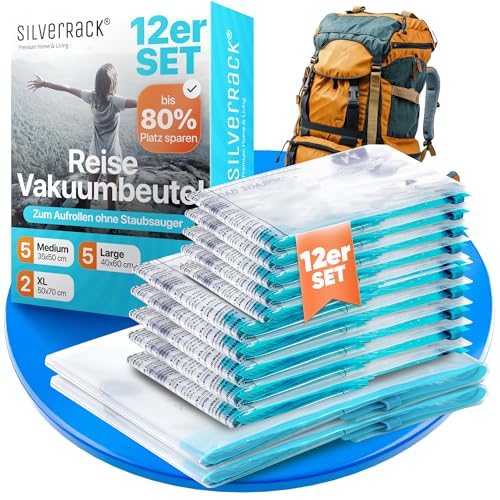 SilverRack Vakuumbeutel Set Reise [12 Stück] in 3 Größen (5x Medium + 5x Large + 2x XL) - Travel Vakuumbeutel für Kleidung zum Rollen - Vakuum Kleiderbeutel - Kleider Vakuumierbeutel