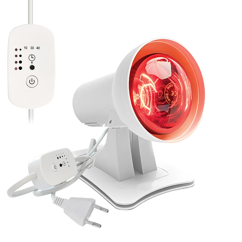 Rotlichtlampe Wärmelampe, 150W Infrarotlampe mit 3 Stufen Timer und 4-stufige Temperaturregelung, 45° Einstellbarer Rotlichtlampe Therapie, Infrarot Lampe für Entspannende Wärme