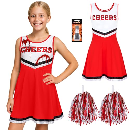 Disfraz de Animadora Zombie para Niña con Tubo de Sangre Falsa   Traje de Cheerleader Americana con Pompones   Disfraz de Halloween de Colegiala Zombi para Fiestas Infantiles