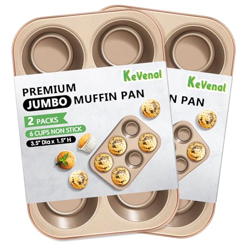 Kevenal Jumbo-Muffin-Pan - Nonstick 6-Cup Large Cupcake Pan, Heavy Duty Giant Muffin Baking Pan for Cupcakes, Oven Safe & Easy to Clean (Large Cup Size, 3.5 x 1.5in)