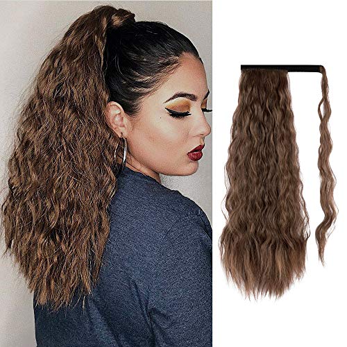 Sofeiyan Ponytail Extension 20 Inch Long Curly Wave Wrap Around Synthetic Hair Extension for White Black Women Party Daily Use, Medium Brown & Light Auburn Mixed