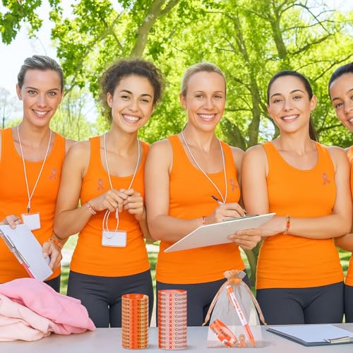 Image of Qilery 120 Pcs Leukemia Awareness Items Gifts Set - Orange Ribbon Lapel Pins, Kidney Cancer Multiple Sclerosis Awareness Bracelets, Hope Strength Retractable Pens, Organza Bag Bulk for Event Charity