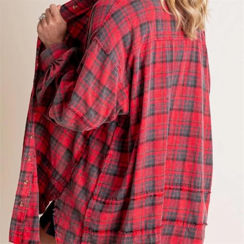 Women's Seams Raw Edge Washed Oversized Shirt Jacket Boyfriend Button Down Tartan Long Jacket Coats with Pockets3